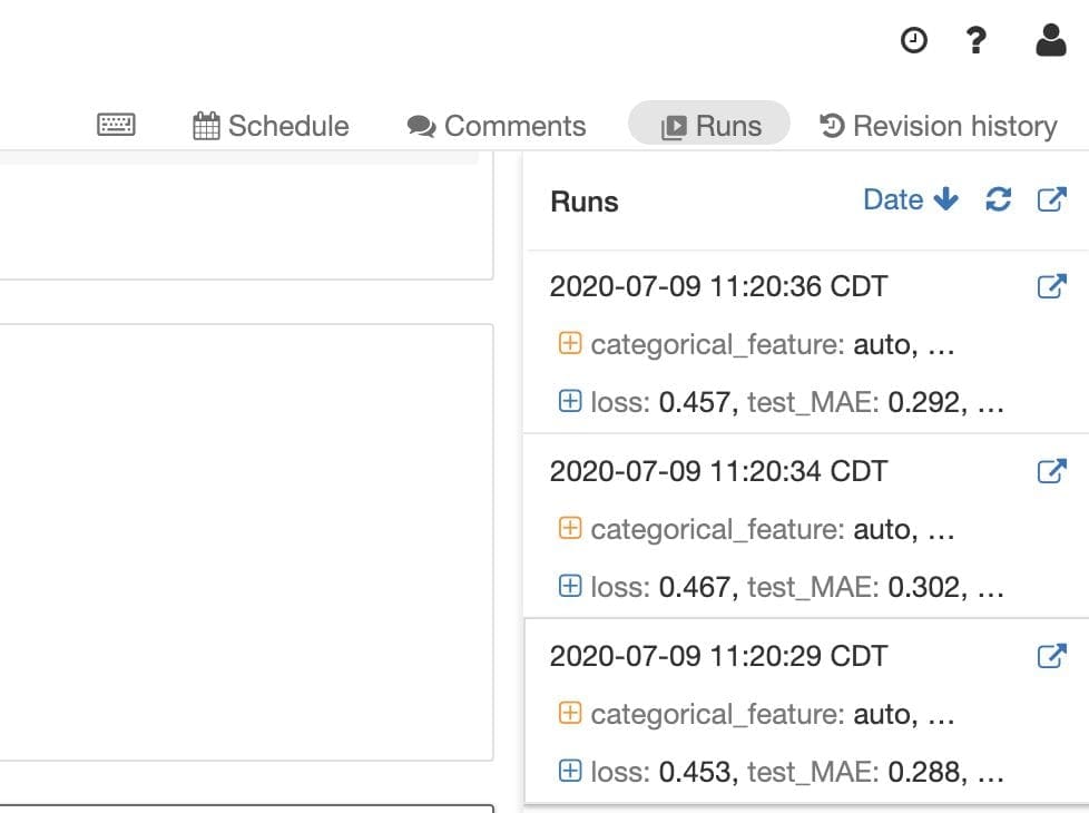 Databricks launches an MLflow tracking endpoint with every notebook as an MLOps feature; the history of runs can always be accessed from the top right corner of the notebook interface.