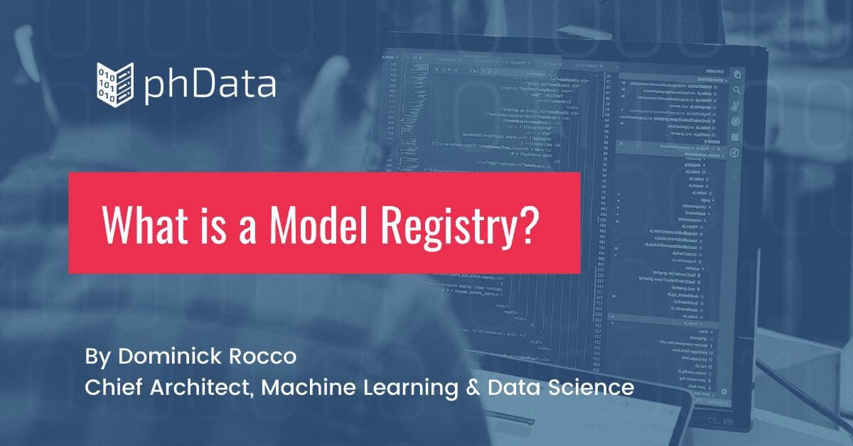 A featured image that shows a computer screen with code on it that says, "What is a Model Registry?"