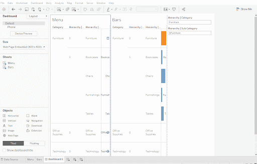 a gif showing how to create interactions in Tableau