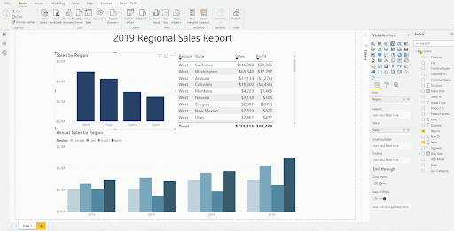 A gif showing customizing tooltips in Power BI for a regional sales report