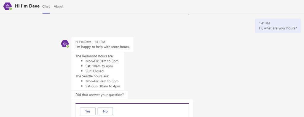 an example of Microsoft virtual agent answering a customer question