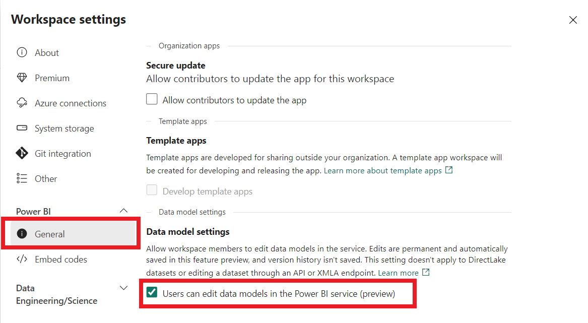 Ensuring the box next to ‘Users can edit data models in Power BI service’ under ‘Data model settings’ is checked