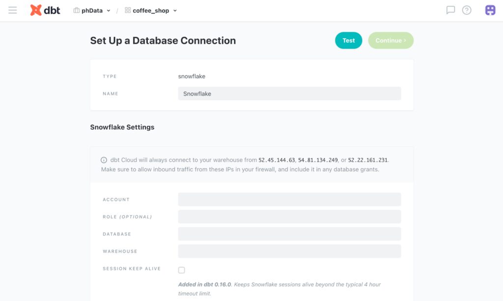 A screenshot from dbt that says, "Set up a Database Connection"