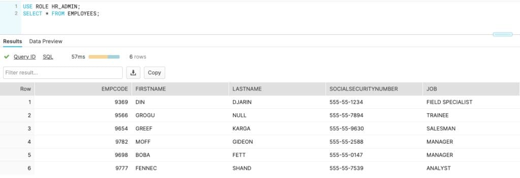example Snowflake table of employee records