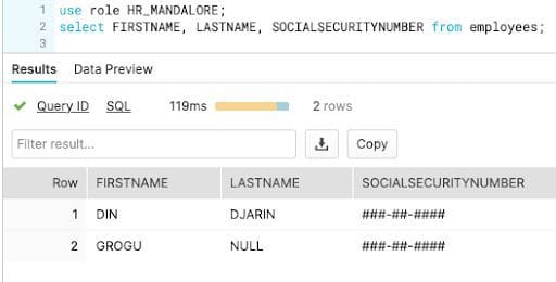 SSN data masked in Snowflake column-level security example