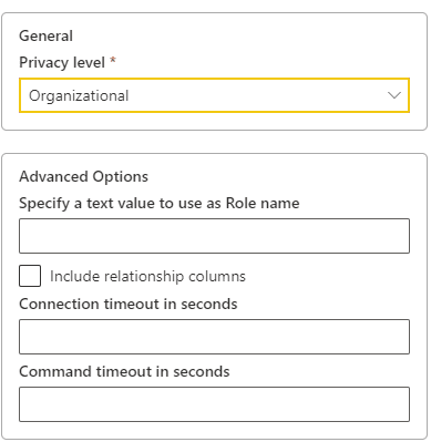 Another pop-up menu from Power BI with a few options including "Privacy level" and "Advanced Options"