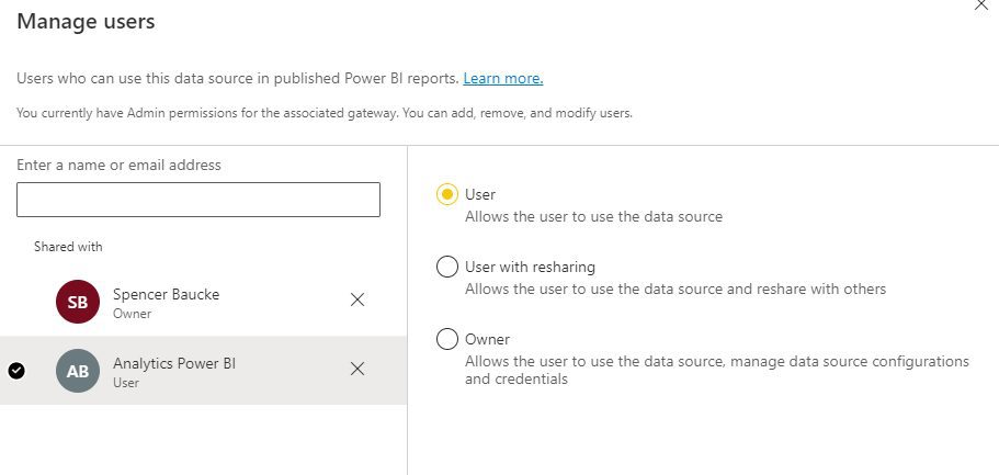 A menu in Power BI that's titled, "Manage users"