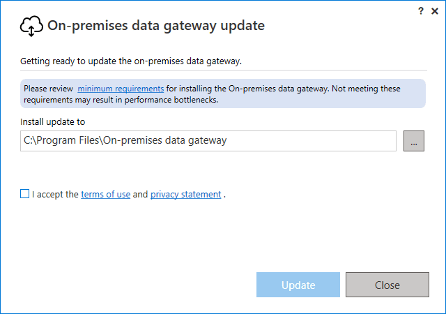 Another pop-up window that's titled, "On-premises data gateway update" with an option to Update or Close.