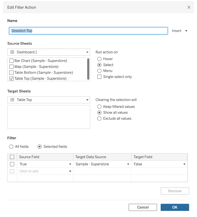 A pop up menu in Tableau with many options