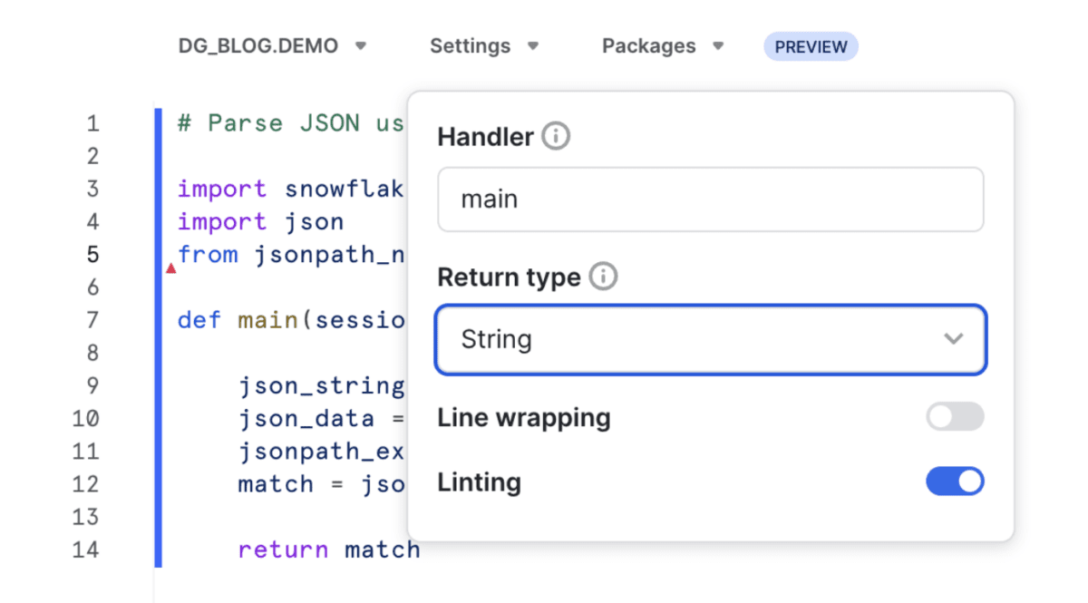 Another popup window from Snowflake that contains several lines of code.
