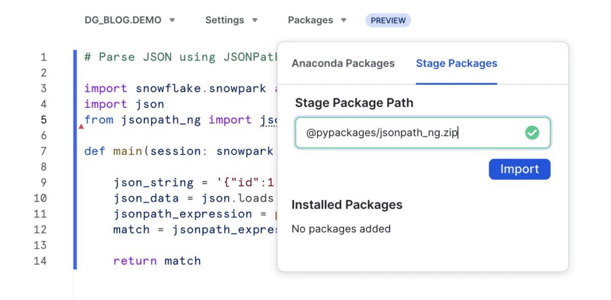 A popup window from Snowflake that shows several lines of code.