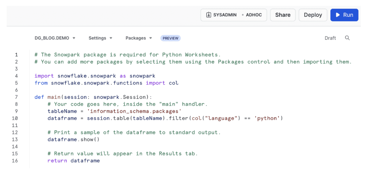 Several lines of code depicting a Python worksheet.