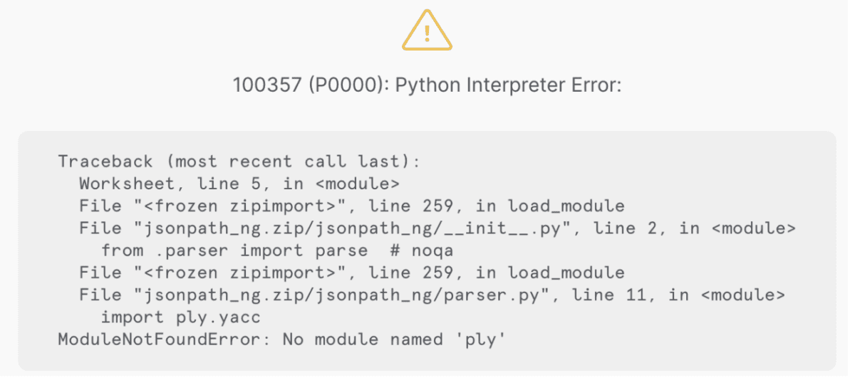 An error message from Snowflake that has several lines of code.