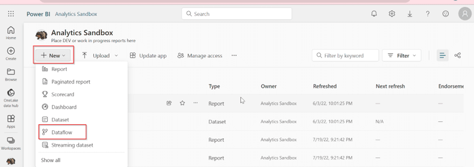 A screenshot showing how to create a Dataflow