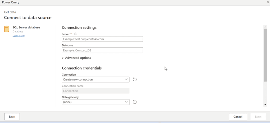 A screenshot showing the connection settings to specify the server details