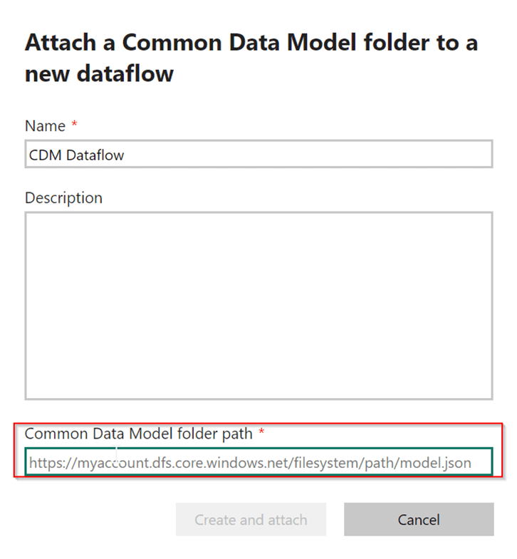 A screenshot showing where to attach a common data model folder