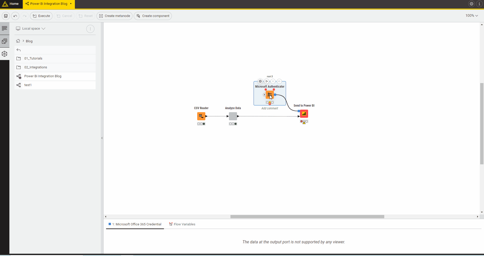 A GIF showing the second step on how to Integrate Power BI within a KNIME Workflow.