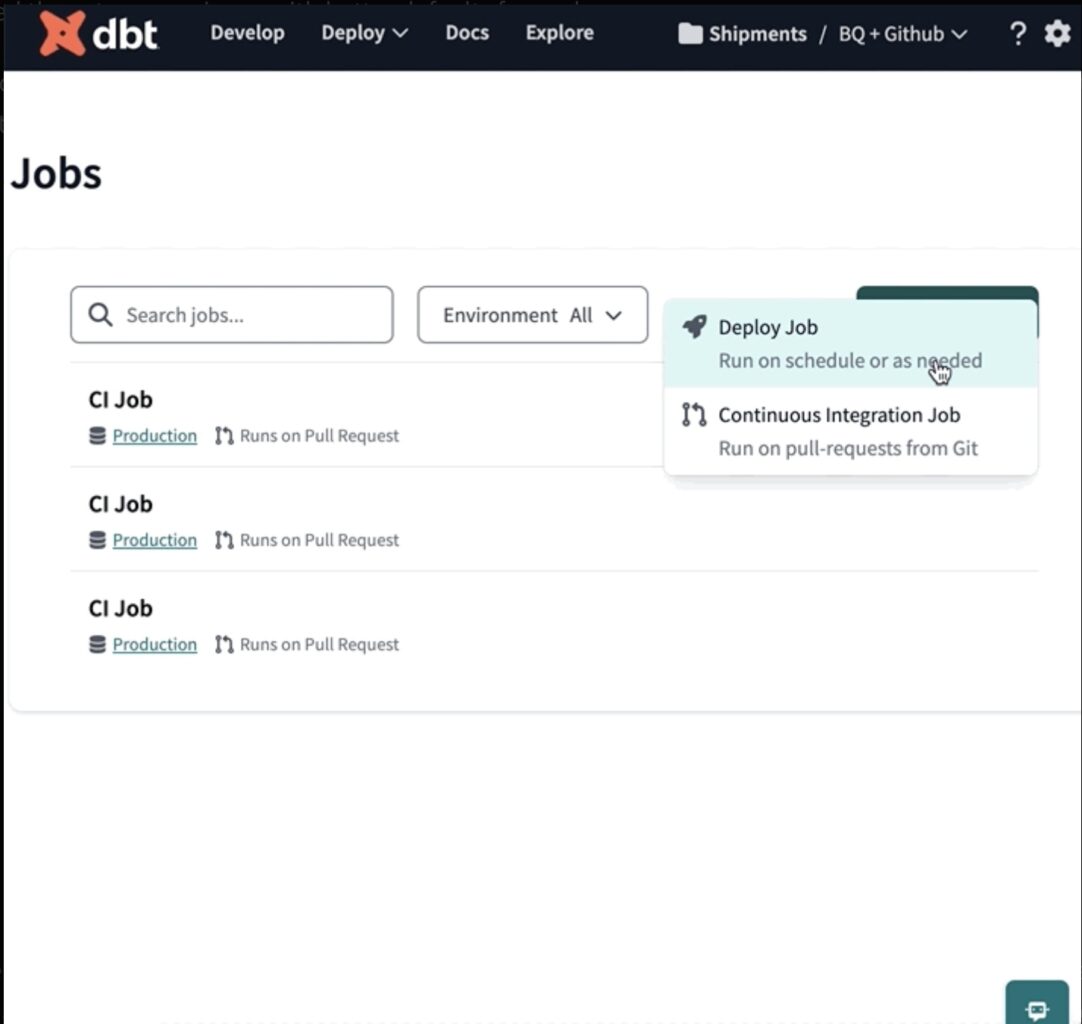 A screenshot showing where to find dbt Cloud new job types.