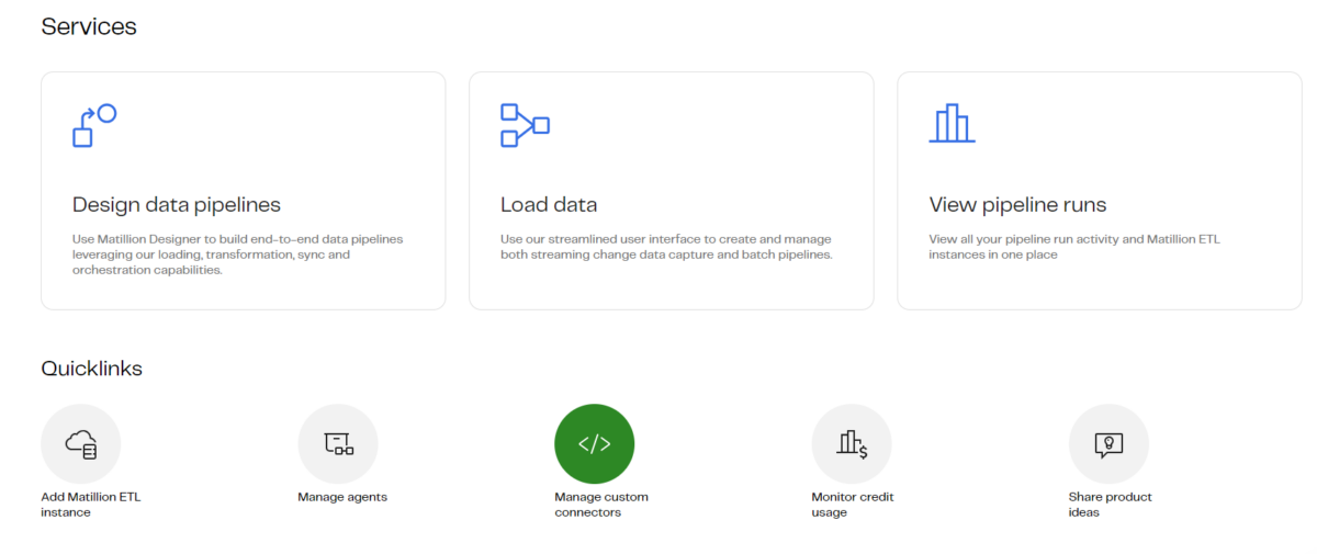Matillion Hub screenshot with "Manage Custom Connectors" highlighted