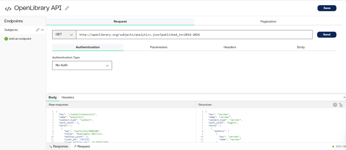 Screenshot of the application wizard to configure API requests