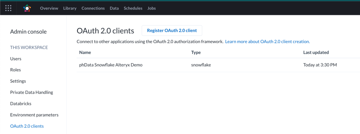 A screenshot showing the OAuth 2.0 clients.