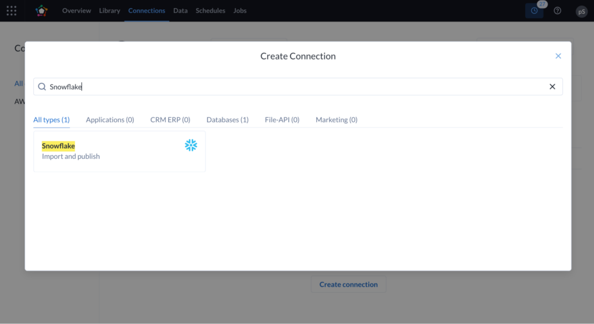 A screenshot showing how to create a new connection with Snowflake.