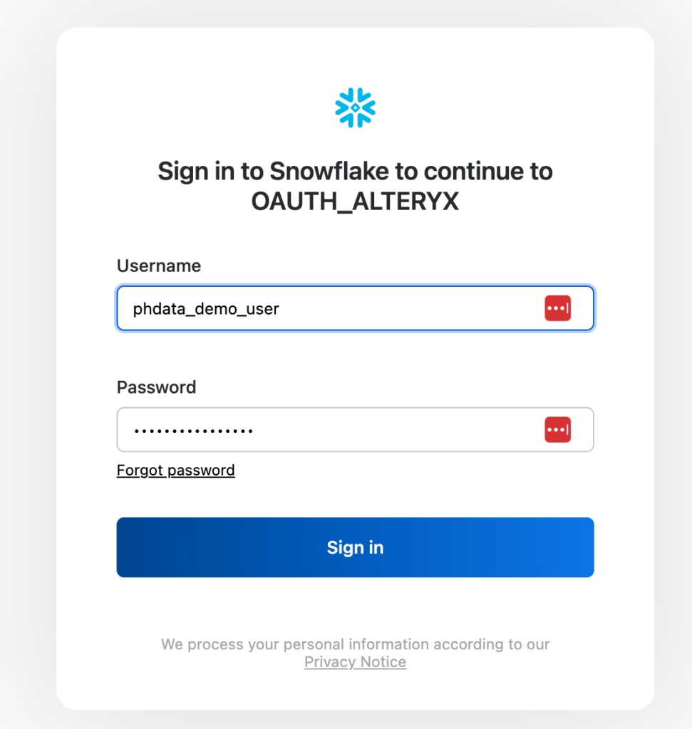 A screenshot showing the sign-in page for Snowflake to continue to OAUTH_ALTERYX.