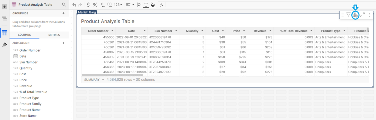 A screenshot showing how to "create a child element" in the product analysis table.