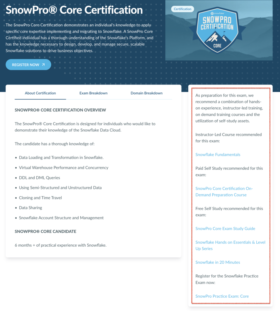 A screenshot of the SnowPro Core Certification overview page.