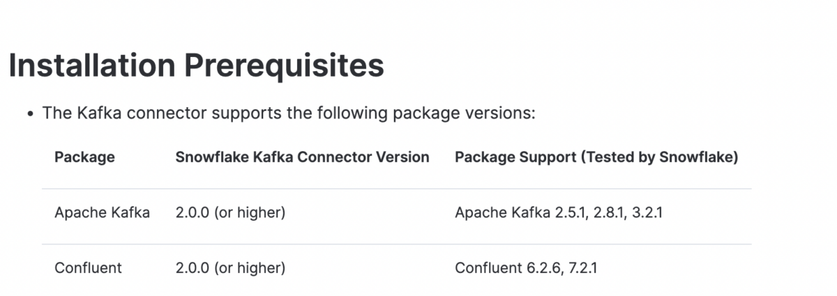 A screenshot of the installation prerequisites for the Kafka connector in Snowflake
