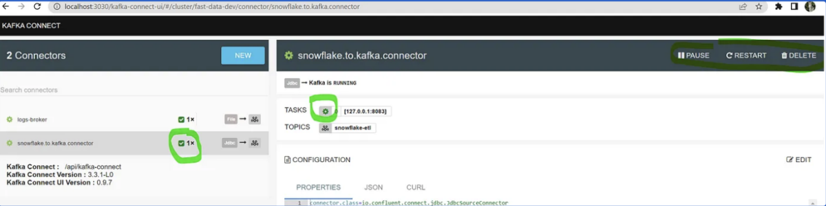 A screenshot of the connectors view in Kafka Connect