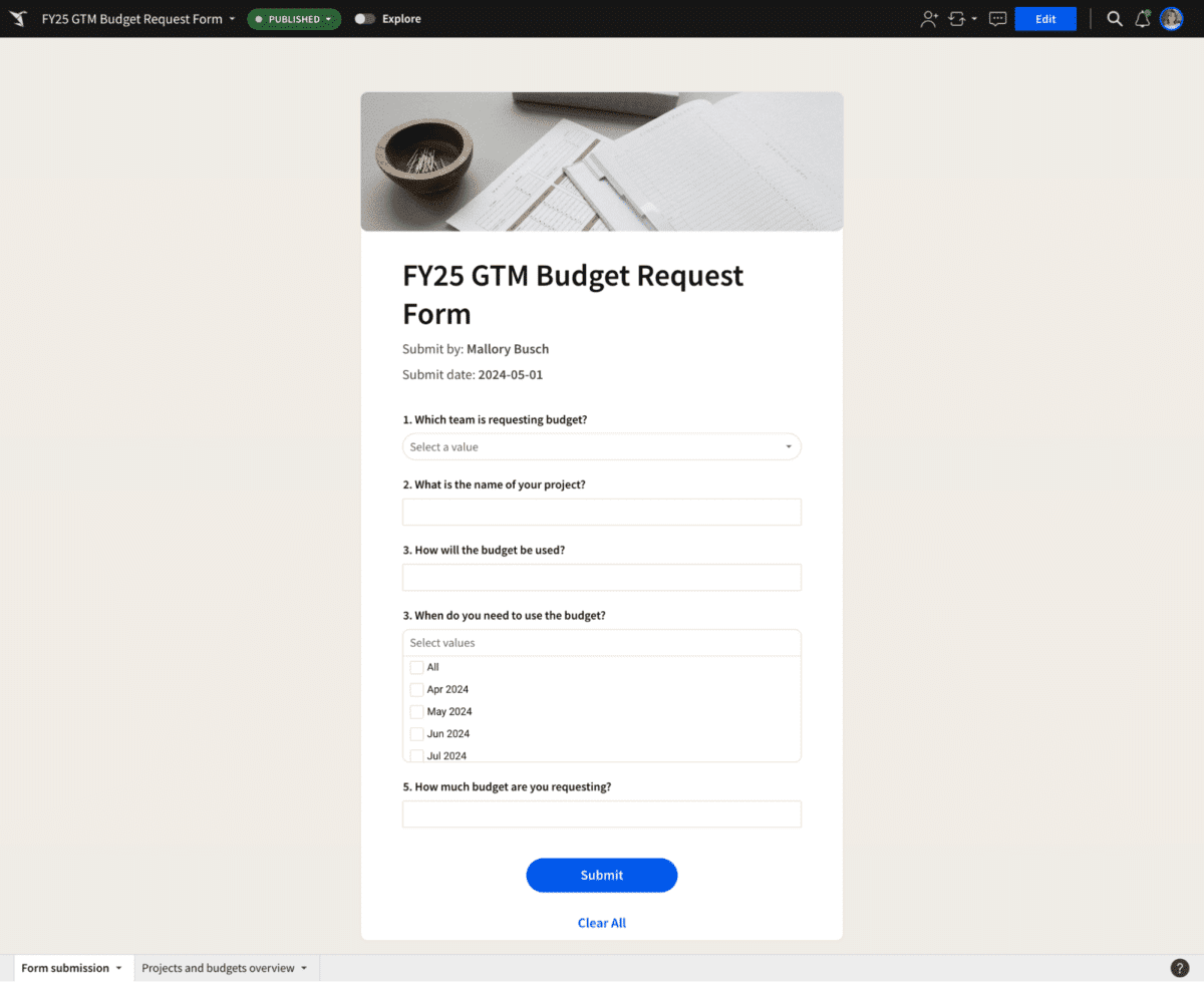 Screenshot of a budget request form within Sigma