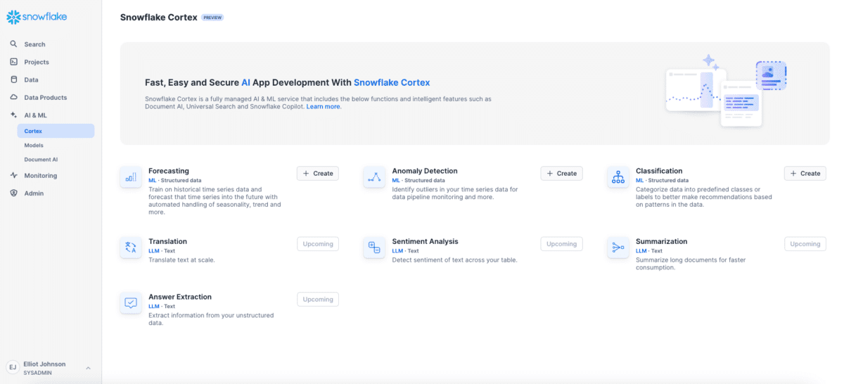 A screenshot showing where to create a Snowflake Cortex Model.