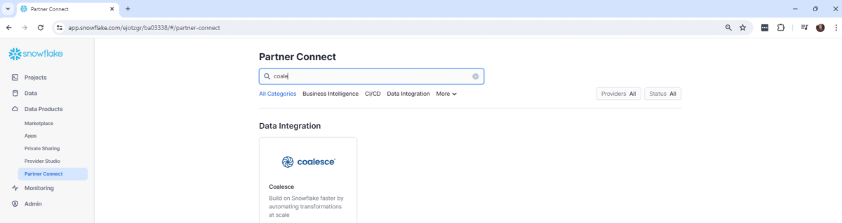 A screenshot from Snowflake showing the Coalesce integration interface.