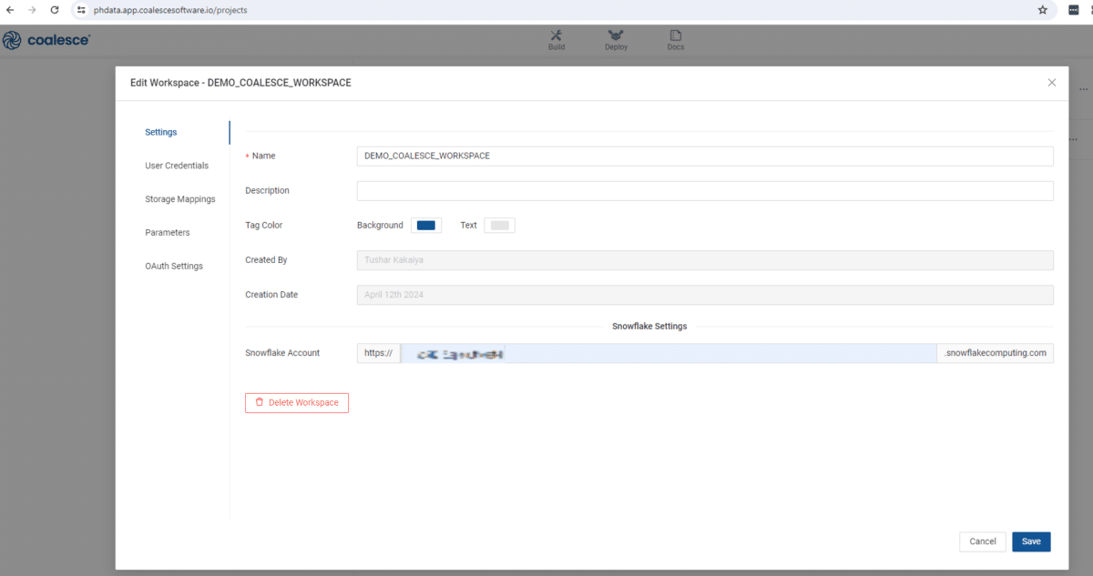 Screenshot of the Edit Workspace window after authenticating successfully