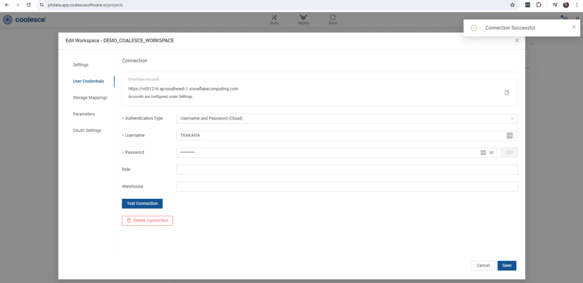 Screenshot of the User Credentials tab in the Edit Workspace window