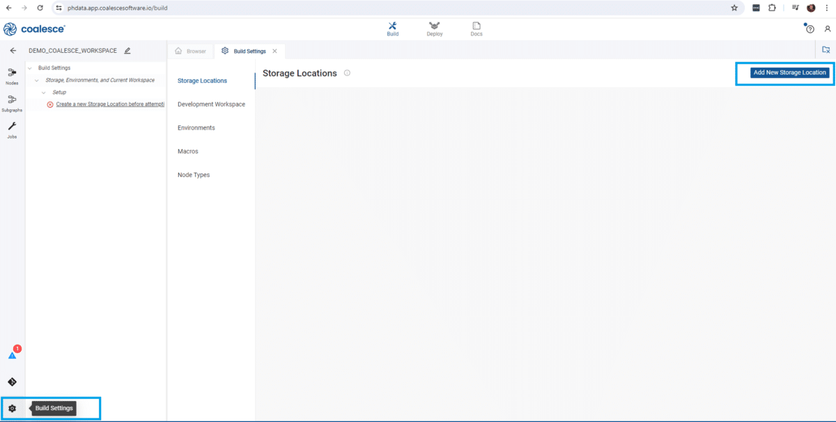 Screenshot of Coalesce showing how to get to the Add New Storage Location button