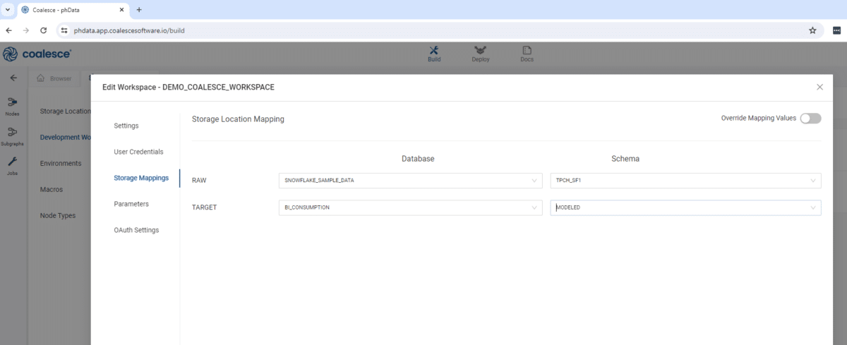 Screenshot of the Storage Mappings tab in the Edit Workspace window
