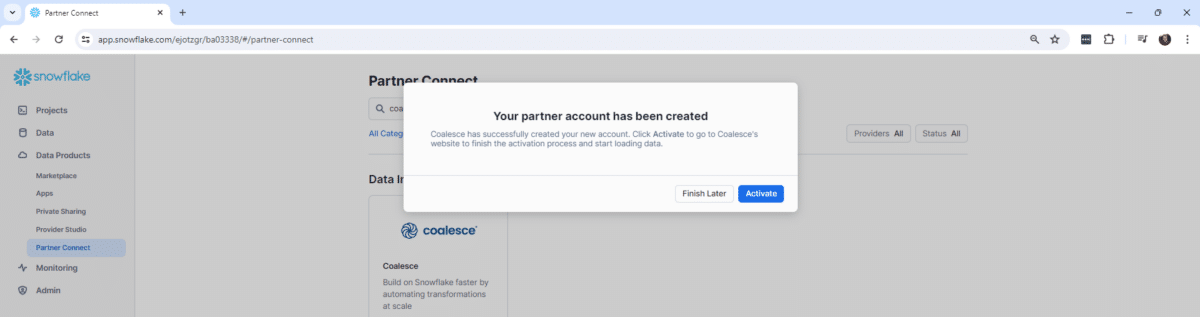 A screenshot with a popup that says, "Your partner account has been created."