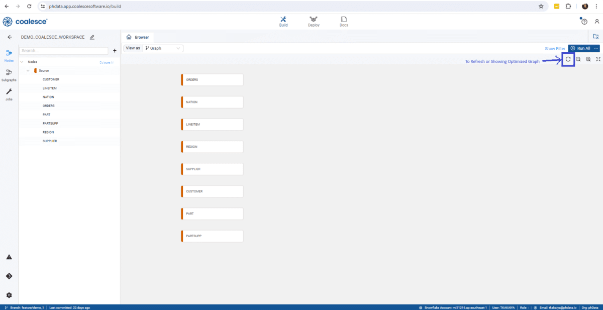 Screenshot of where to locate the Refresh button in the Browser view, under the Build Interface