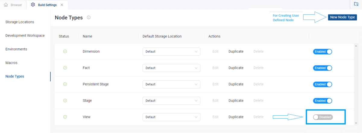 Screenshot of the Node Types tab in the Build Settings view, highlighting the New Node Type button.