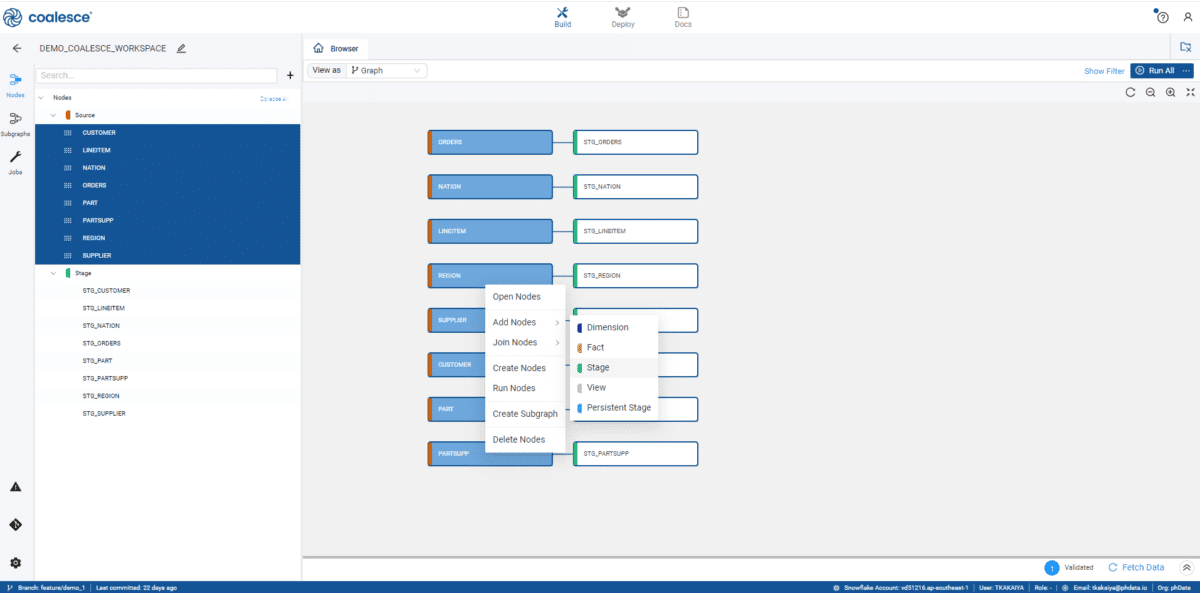 The Browser view showing multiple nodes selected and the right click menu invoked on them
