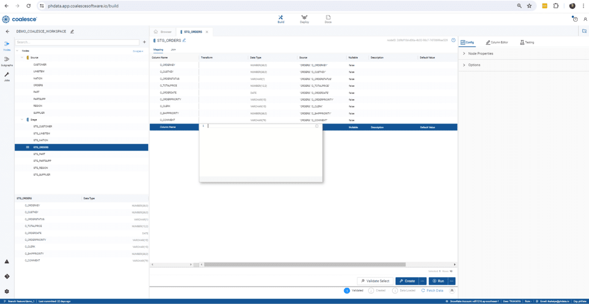 Screenshot showing a popup SQL text box for editing one of the recently created stage nodes