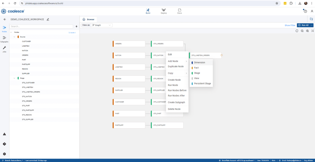 Screenshot of the Browser view showing the right click menu invoked on a stage node, highlighting the Add Node > Dimension option