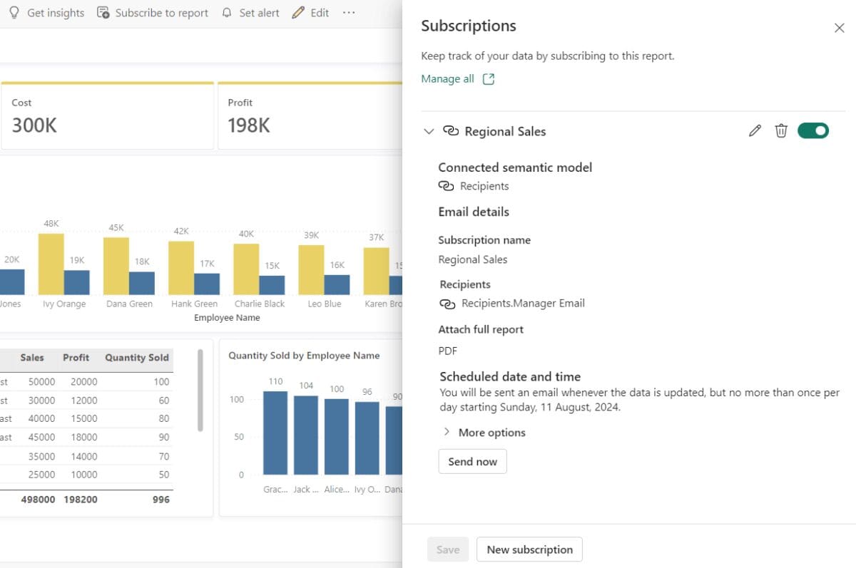 The Report view with the Subscriptions pane open, showing the newly added subscription.