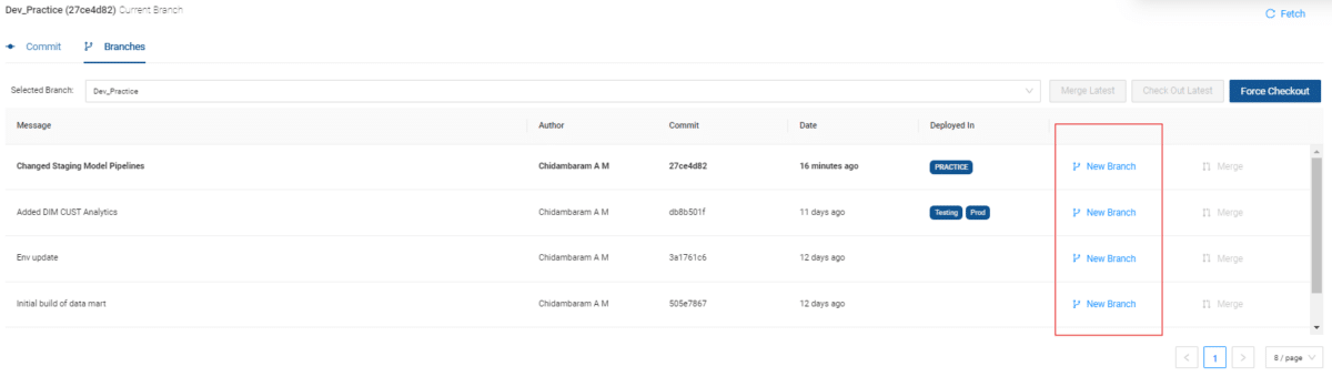 Screenshot of the commit history, showing a button for creating a new branch from a commit.