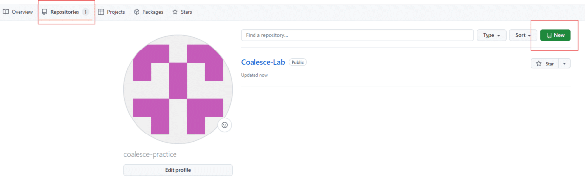 Screenshot of the Repositories, the New button highlighted.