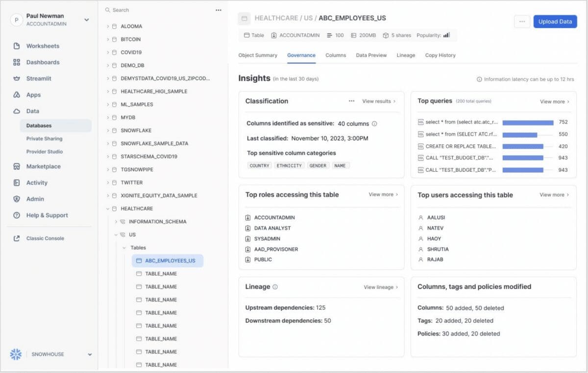 A screenshot from Snowflake showing the UI for object insights.