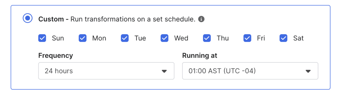 The previous window with expanded parameters under the "Custom" schedule option being selected.