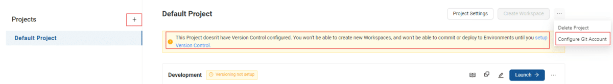 Screenshot of the Configure Git Account option in the hamburger menu from the Default Project view in Coalesce